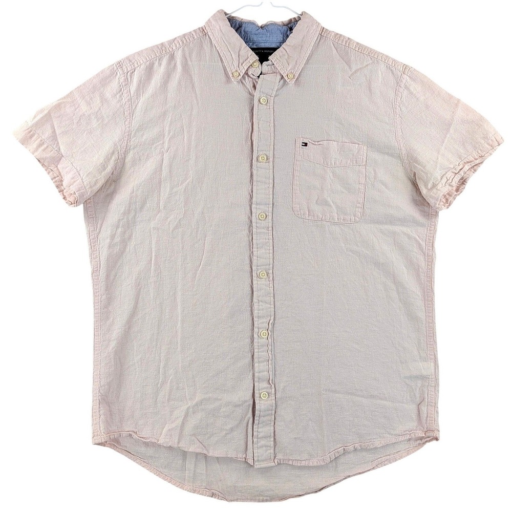 Tommy Hilfiger Men's XL Light Pink Linen Blend Short Sleeve Button Down Shirt